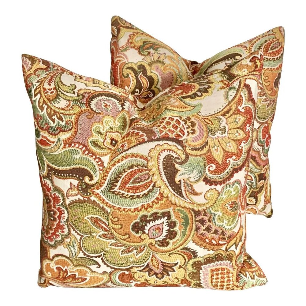 Gold and Red Luxury Paisley Pattern Woven Pillows With Feather Inserts - a Pair